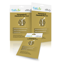 Three packages of Glucosamine & Chondroitin Plus patches are displayed, featuring a gold background with white text highlighting benefits for joint health and containing 30 patches each.