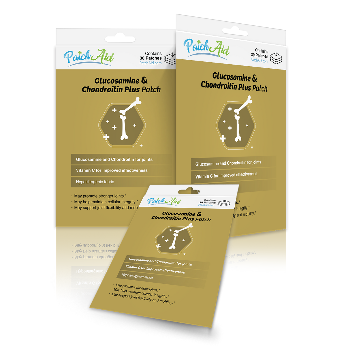 Three packages of Glucosamine & Chondroitin Plus patches are displayed, featuring a gold background with white text highlighting benefits for joint health and containing 30 patches each.