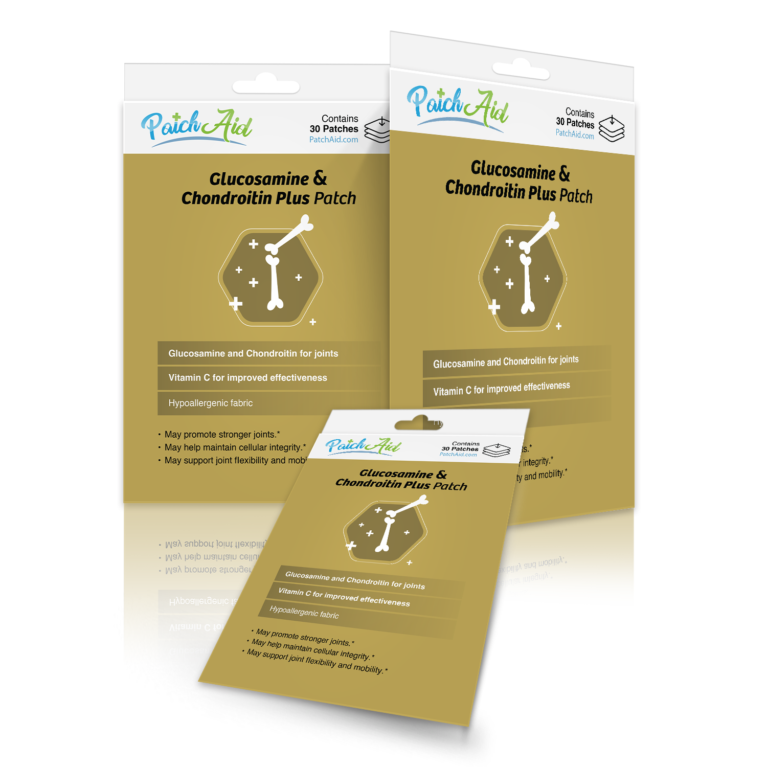 Three packages of Glucosamine & Chondroitin Plus patches are displayed, featuring a gold background with white text highlighting benefits for joint health and containing 30 patches each.