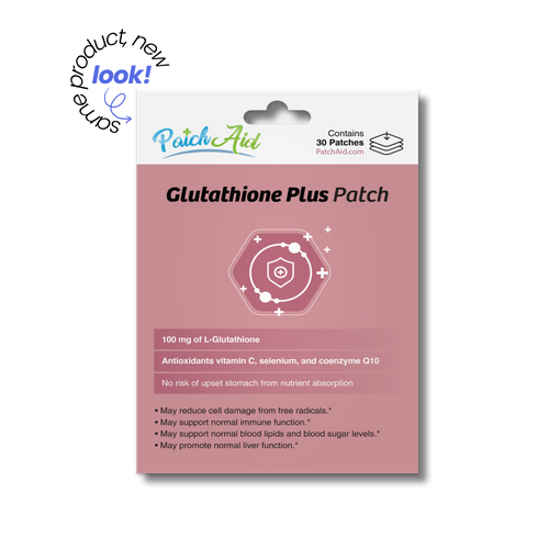 PatchAid Glutathione Plus Patches with 100 mg of L-glutathione, vitamin C, selenium and coenzyme Q10. Contains 30 patches.