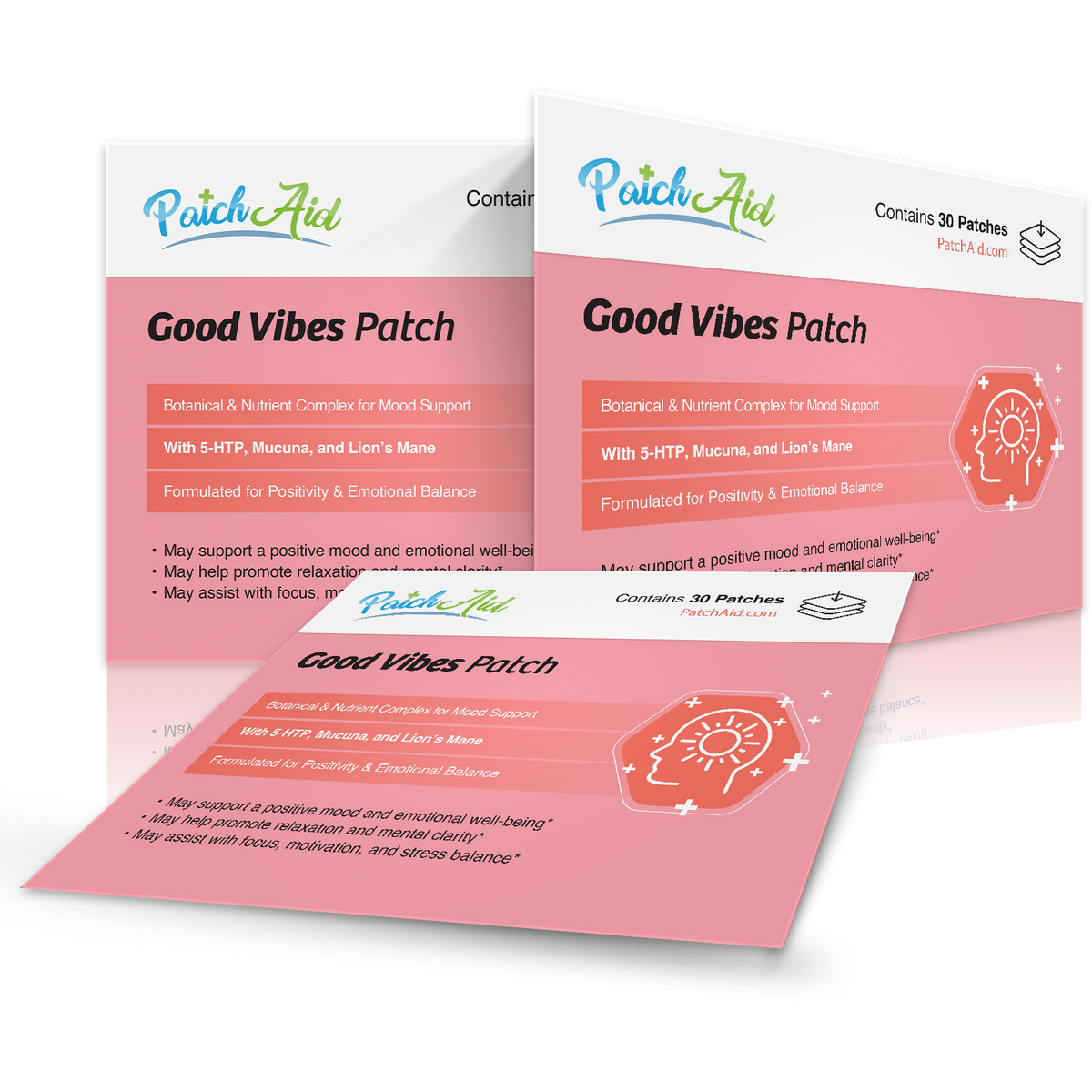 Three packages of Patch Aid Good Vibes Patch on a white background