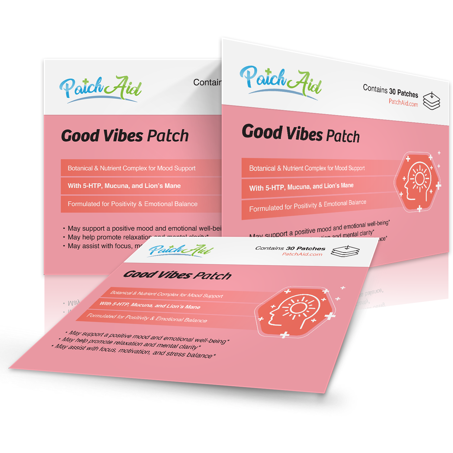 Three packages of Patch Aid Good Vibes Patch on a white background