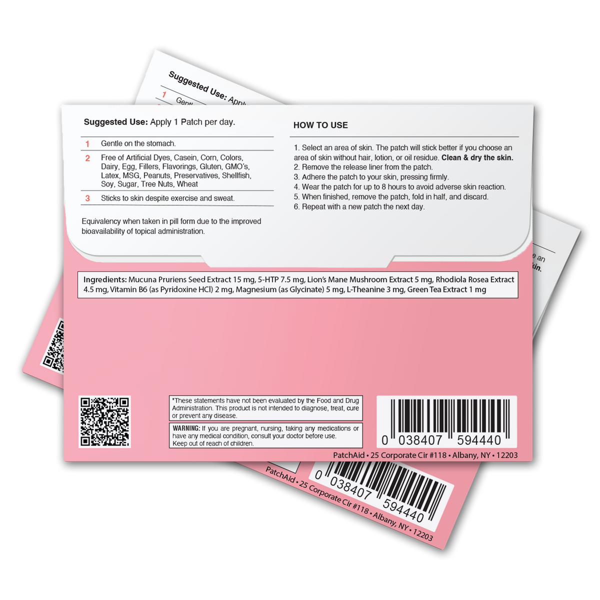 Pink and white packaging with text and QR code on a white background