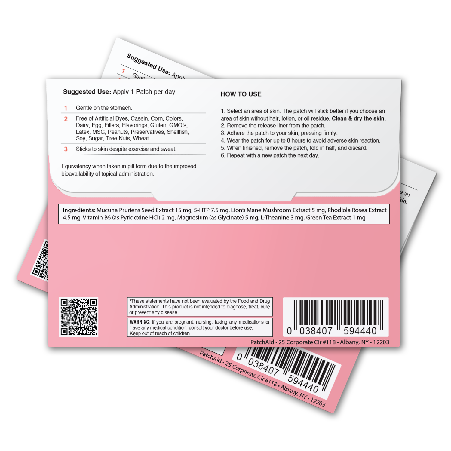 Pink and white packaging with text and QR code on a white background