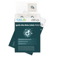 A package of "Ignite Him Male Libido Patch" from PatchAid displays a teal and white design, featuring a male symbol and information about its plant-based nutrient matrix and benefits for male performance.