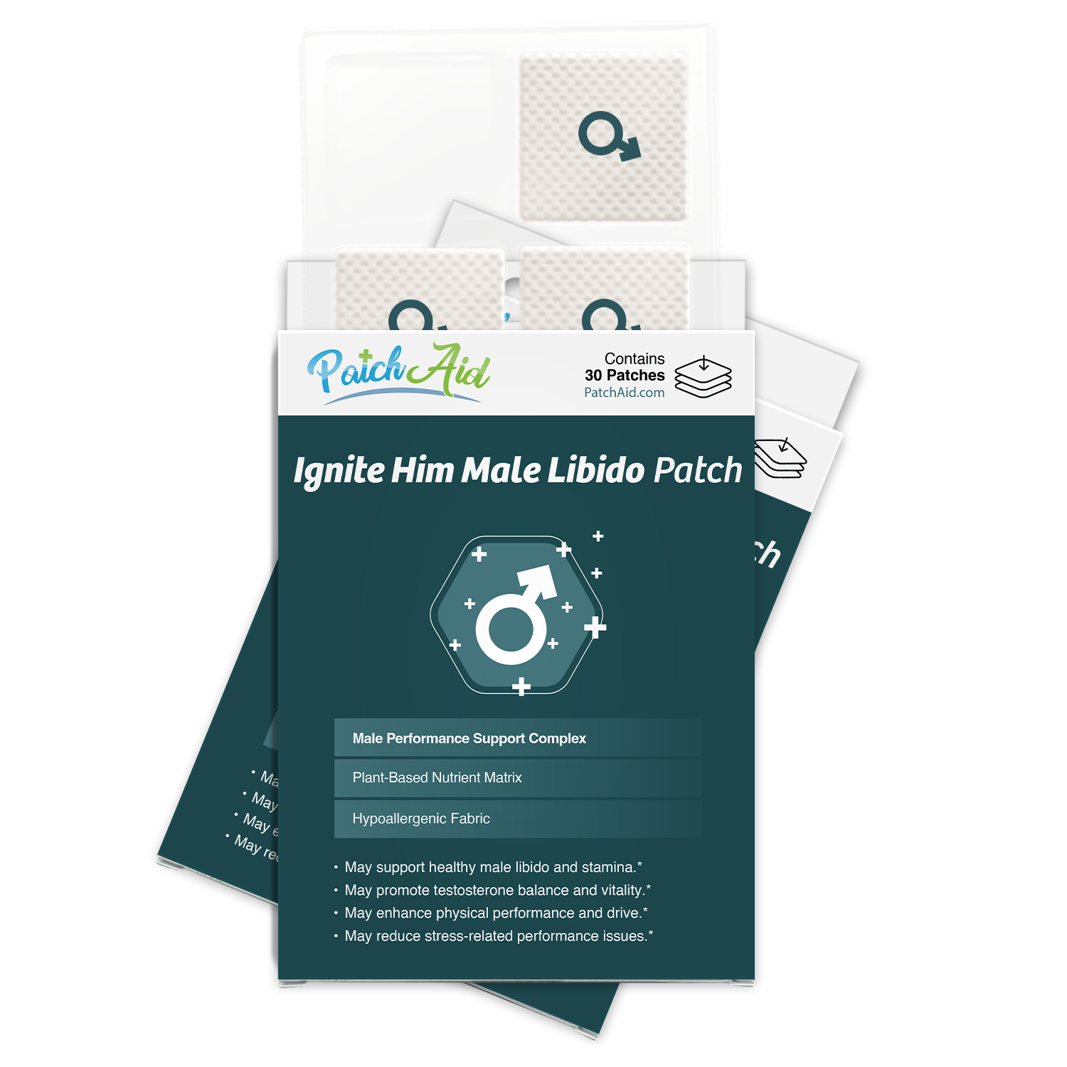 A package of "Ignite Him Male Libido Patch" from PatchAid displays a teal and white design, featuring a male symbol and information about its plant-based nutrient matrix and benefits for male performance.
