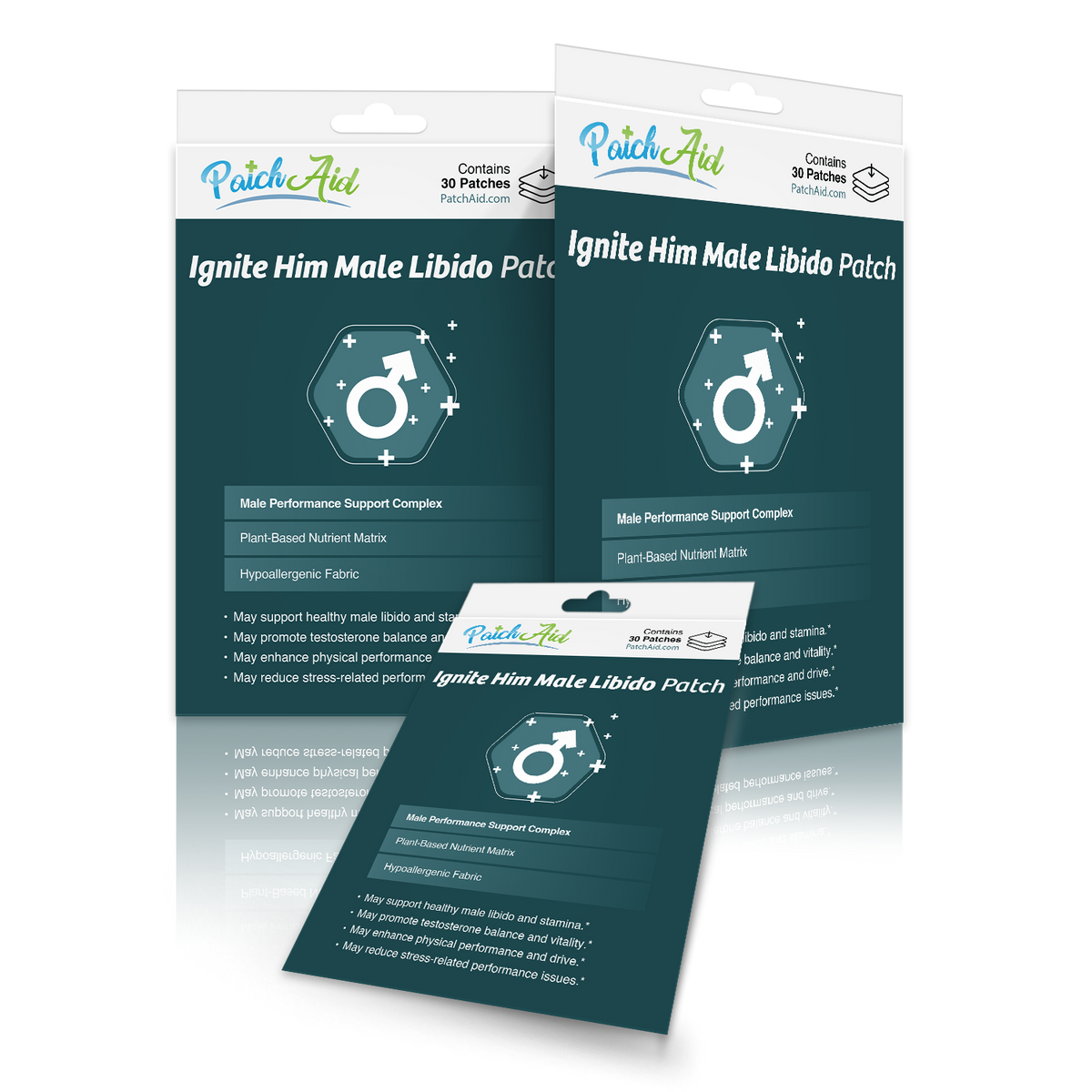 Three packages of "Ignite Him Male Libido Patch" by PatchAid, featuring a male symbol icon and text highlighting benefits like plant-based nutrients and support for male performance, displayed against a dark background.