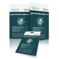 Three packages of "Ignite Him Male Libido Patch" by PatchAid, featuring a male symbol icon and text highlighting benefits like plant-based nutrients and support for male performance, displayed against a dark background.