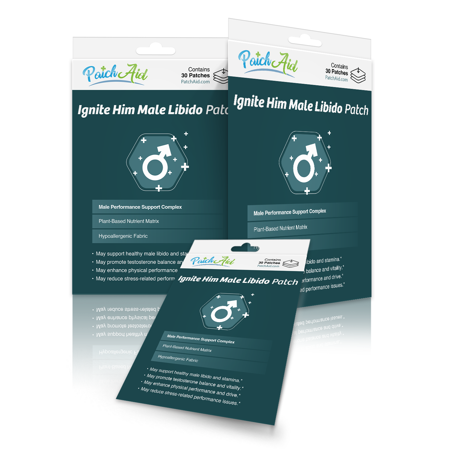 Three packages of "Ignite Him Male Libido Patch" by PatchAid, featuring a male symbol icon and text highlighting benefits like plant-based nutrients and support for male performance, displayed against a dark background.