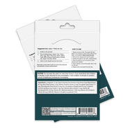 The image shows the back packaging of a topical patch product, featuring usage instructions, ingredient list, and cautionary notes against prolonged wear, set against a neutral background.