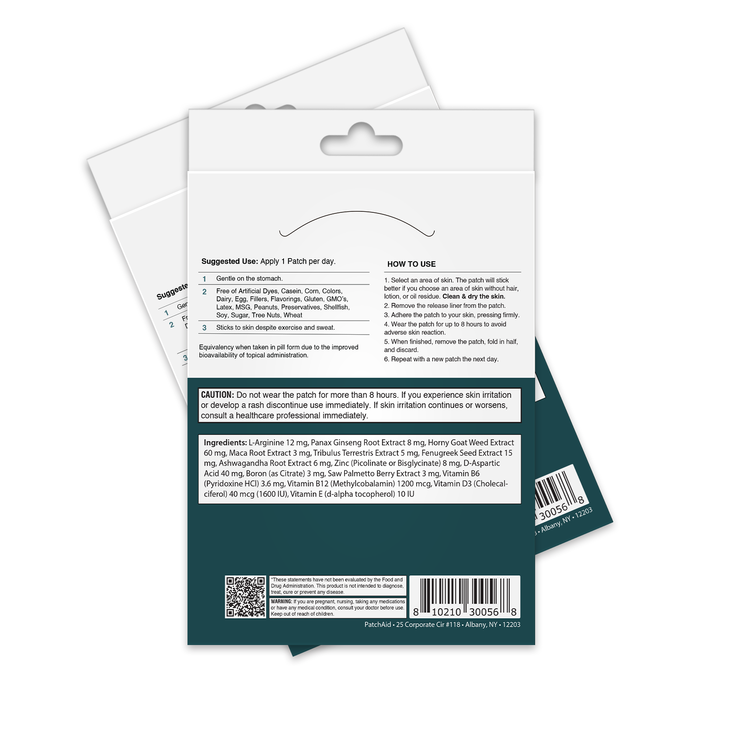 The image shows the back packaging of a topical patch product, featuring usage instructions, ingredient list, and cautionary notes against prolonged wear, set against a neutral background.