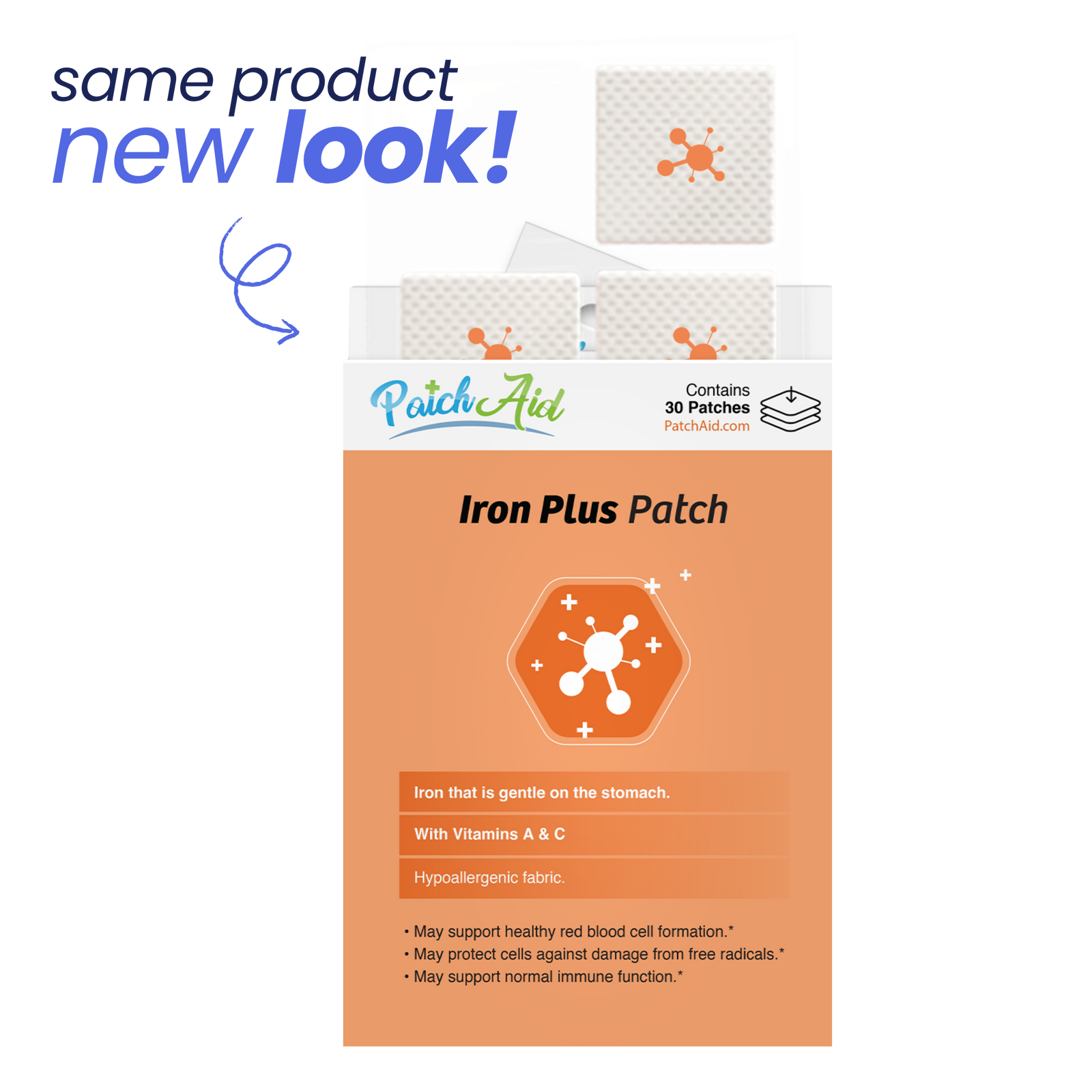 Packaging of Iron Plus Patch with 'Same Product, New Look' 