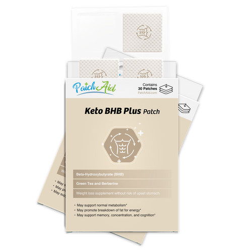 A box of Keto BHB Plus patches is displayed, highlighting its benefits for weight loss and metabolism, with visible patches and product information on the packaging.