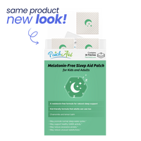 A colorful packaging for PatchAid's melatonin-free sleep aid patches, featuring a green background, a moon and stars graphic, and text highlighting its benefits for kids and adults.