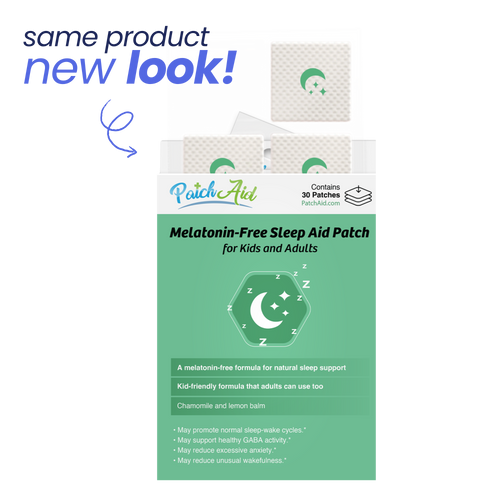 A colorful packaging for PatchAid's melatonin-free sleep aid patches, featuring a green background, a moon and stars graphic, and text highlighting its benefits for kids and adults.