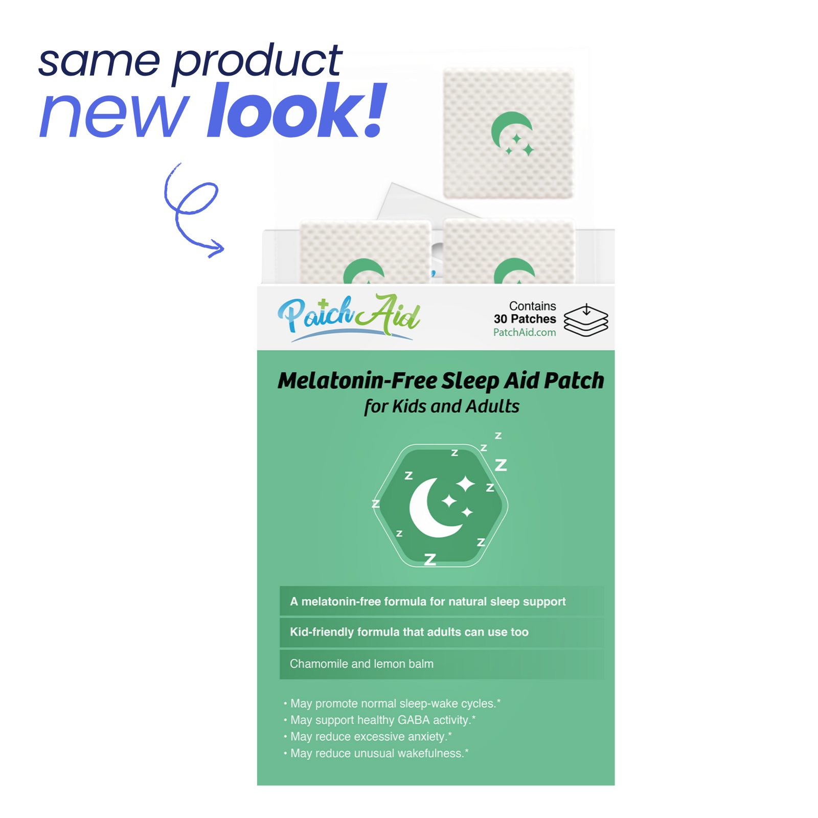 A colorful packaging for PatchAid's melatonin-free sleep aid patches, featuring a green background, a moon and stars graphic, and text highlighting its benefits for kids and adults.