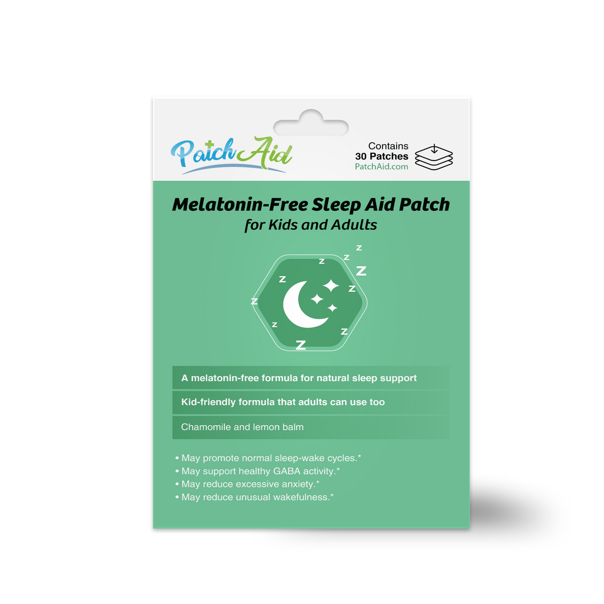 A green packaging for a melatonin-free sleep aid patch, featuring a moon and stars graphic, highlights its use for kids and adults, with benefits like promoting sleep cycles and reducing anxiety.