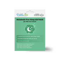 A green packaging for a melatonin-free sleep aid patch, featuring a moon and stars graphic, highlights its use for kids and adults, with benefits like promoting sleep cycles and reducing anxiety.
