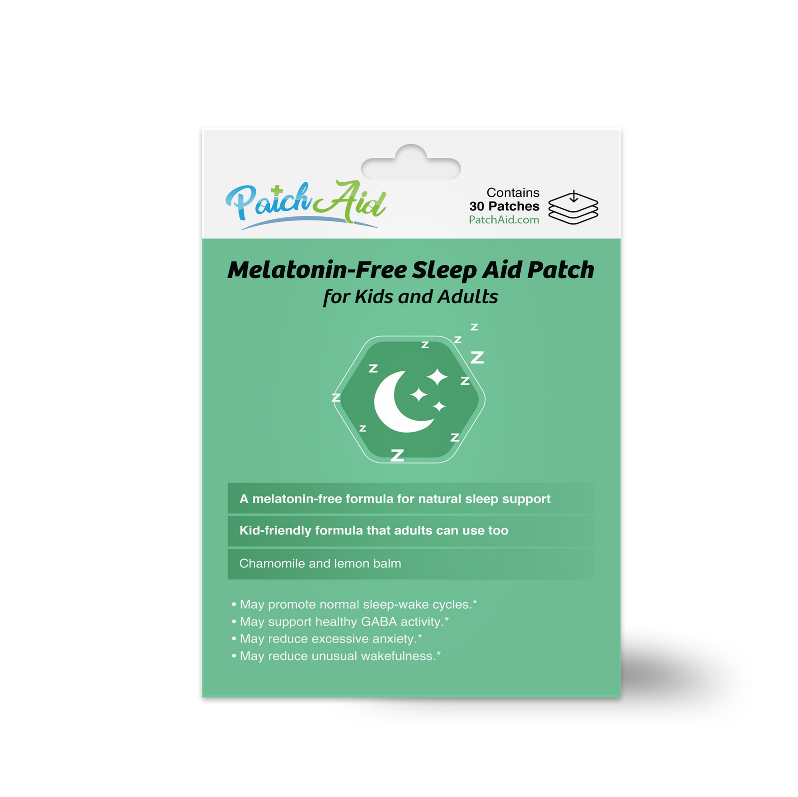 A green packaging for a melatonin-free sleep aid patch, featuring a moon and stars graphic, highlights its use for kids and adults, with benefits like promoting sleep cycles and reducing anxiety.