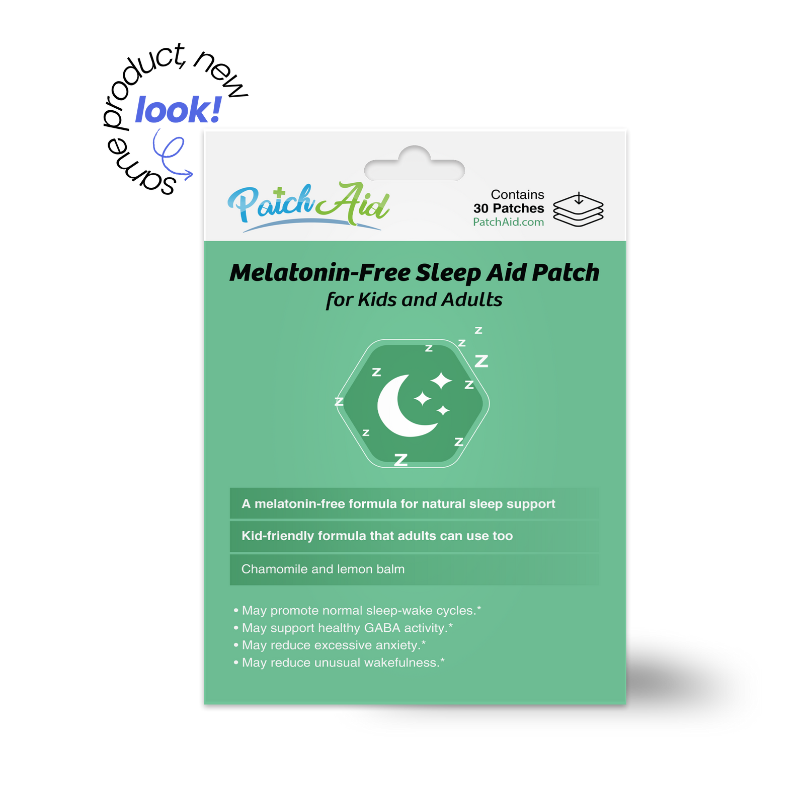 PatchAid Melatonin-Free Sleep Aid Patch for kids and adults with chamomile and lemon balm for natural sleep support. Contains 30 patches.