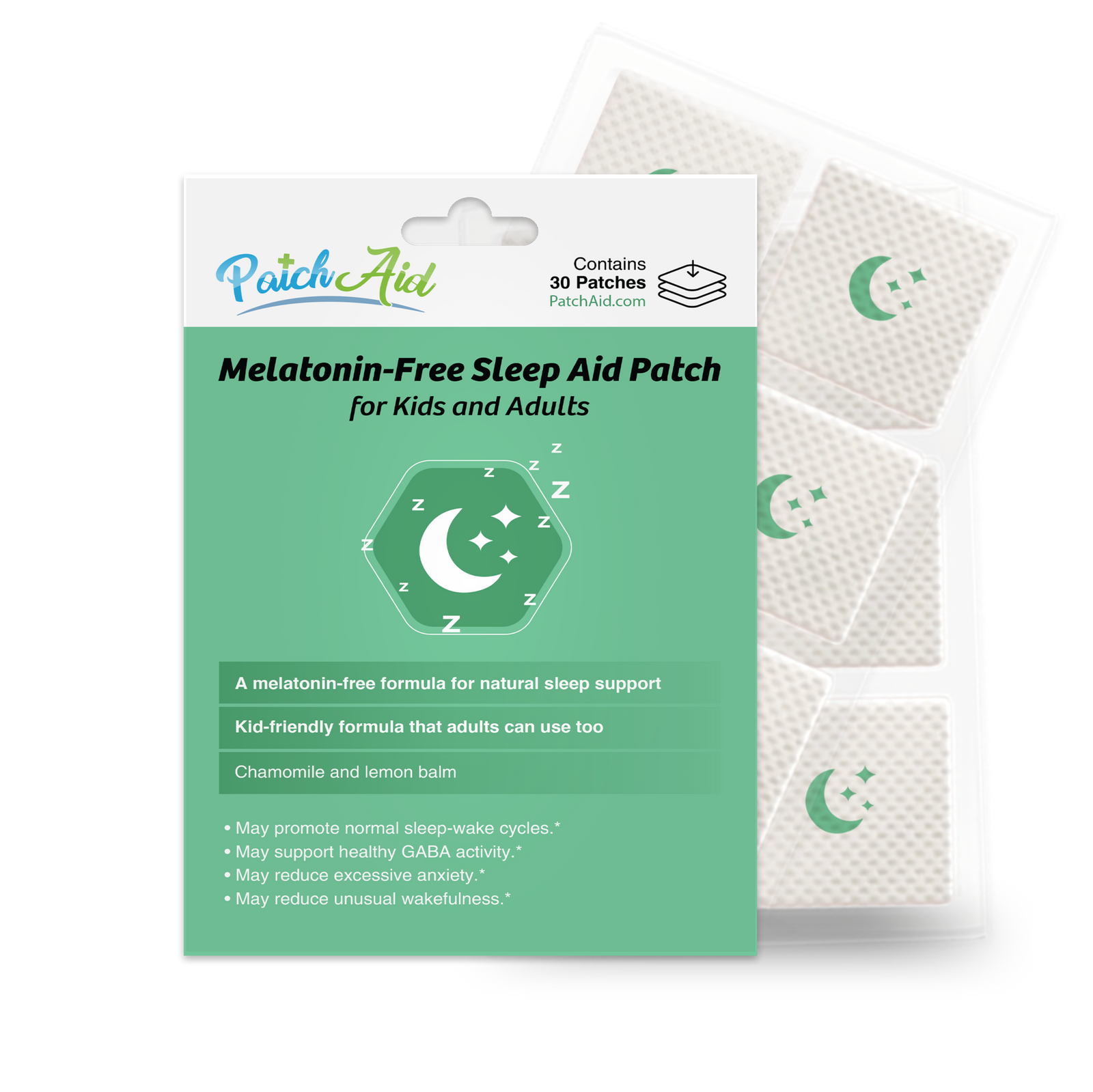 PatchAid Melatonin-Free Sleep Aid Patch for kids and adults with chamomile and lemon balm for natural sleep support. Contains 30 patches.