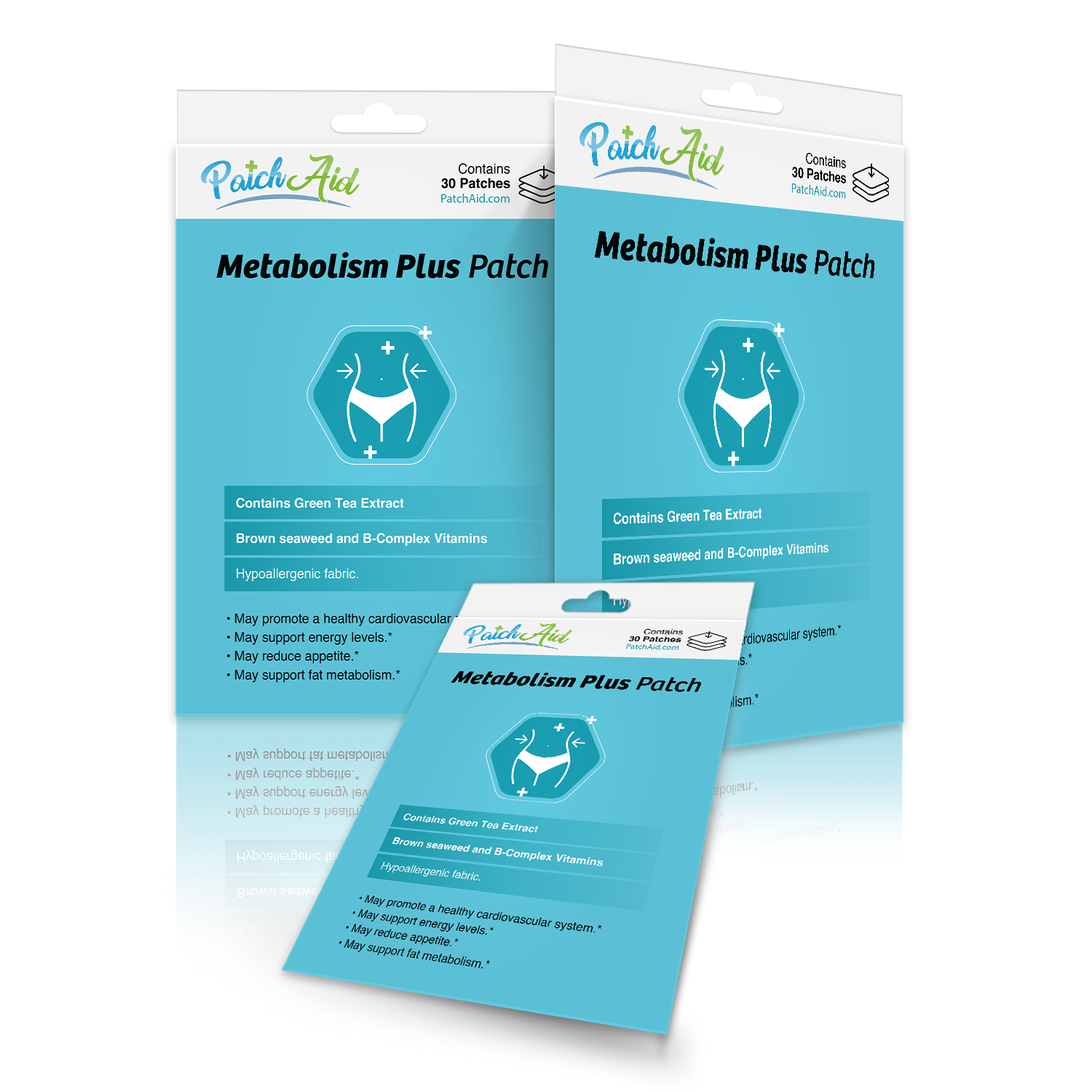 Three packages of the Metabolism Plus Patch are displayed, featuring a light blue design, health benefits listed, and an illustration of a person with a slim waist, emphasizing metabolism support and natural ingredients.