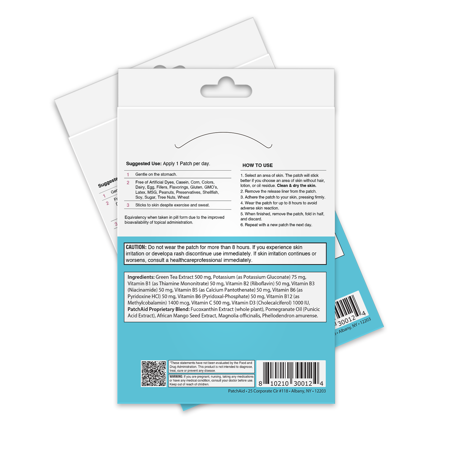 The image shows the back of a product packaging for a skin patch, detailing usage instructions, ingredients, and cautionary notes, with a blue background and white text layout.