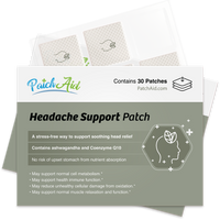 A package of PatchAid Headache Support Patches, featuring 30 patches, highlights benefits like soothing head relief and contains ingredients such as ashwagandha and Coenzyme Q10.