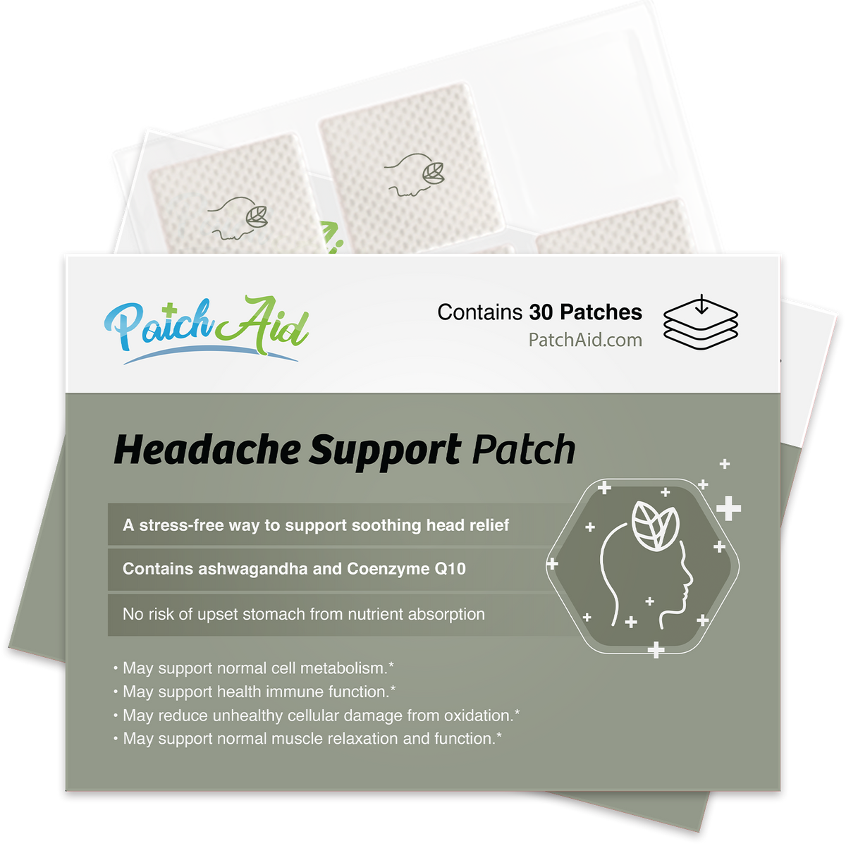 A package of PatchAid Headache Support Patches, featuring 30 patches, highlights benefits like soothing head relief and contains ingredients such as ashwagandha and Coenzyme Q10.