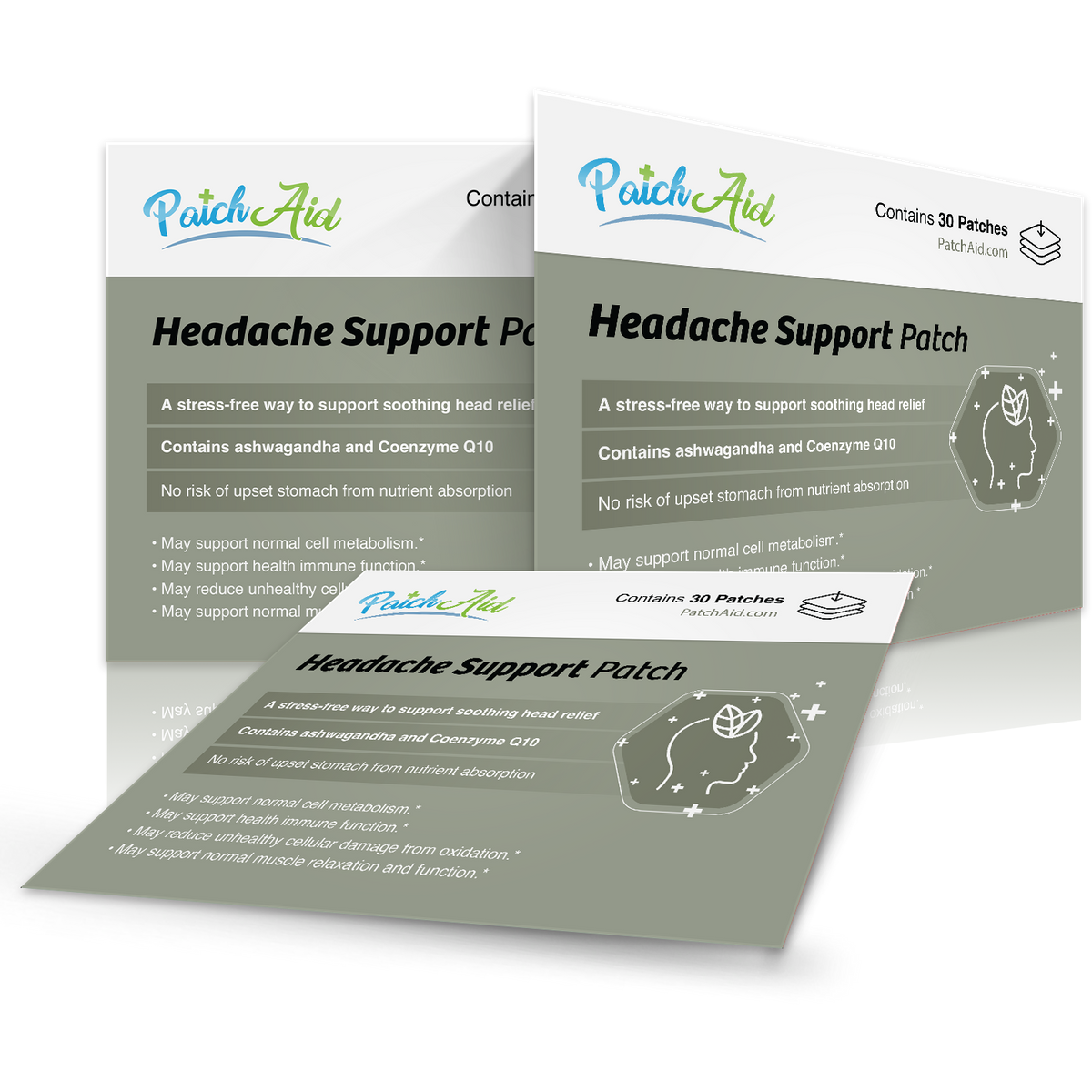 Three overlapping packages of PatchAid Headache Support Patches, featuring a gray background with text highlighting benefits, ingredients, and usage instructions for headache relief.