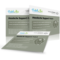 Three overlapping packages of PatchAid Headache Support Patches, featuring a gray background with text highlighting benefits, ingredients, and usage instructions for headache relief.