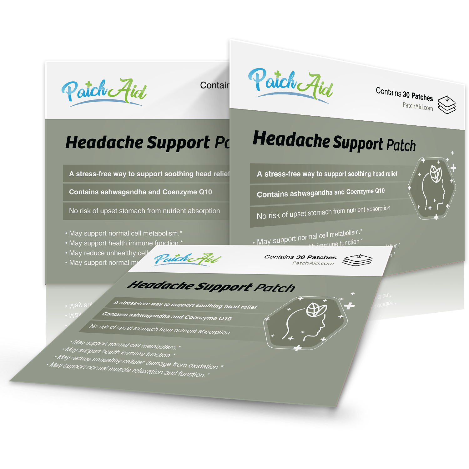 Three overlapping packages of PatchAid Headache Support Patches, featuring a gray background with text highlighting benefits, ingredients, and usage instructions for headache relief.