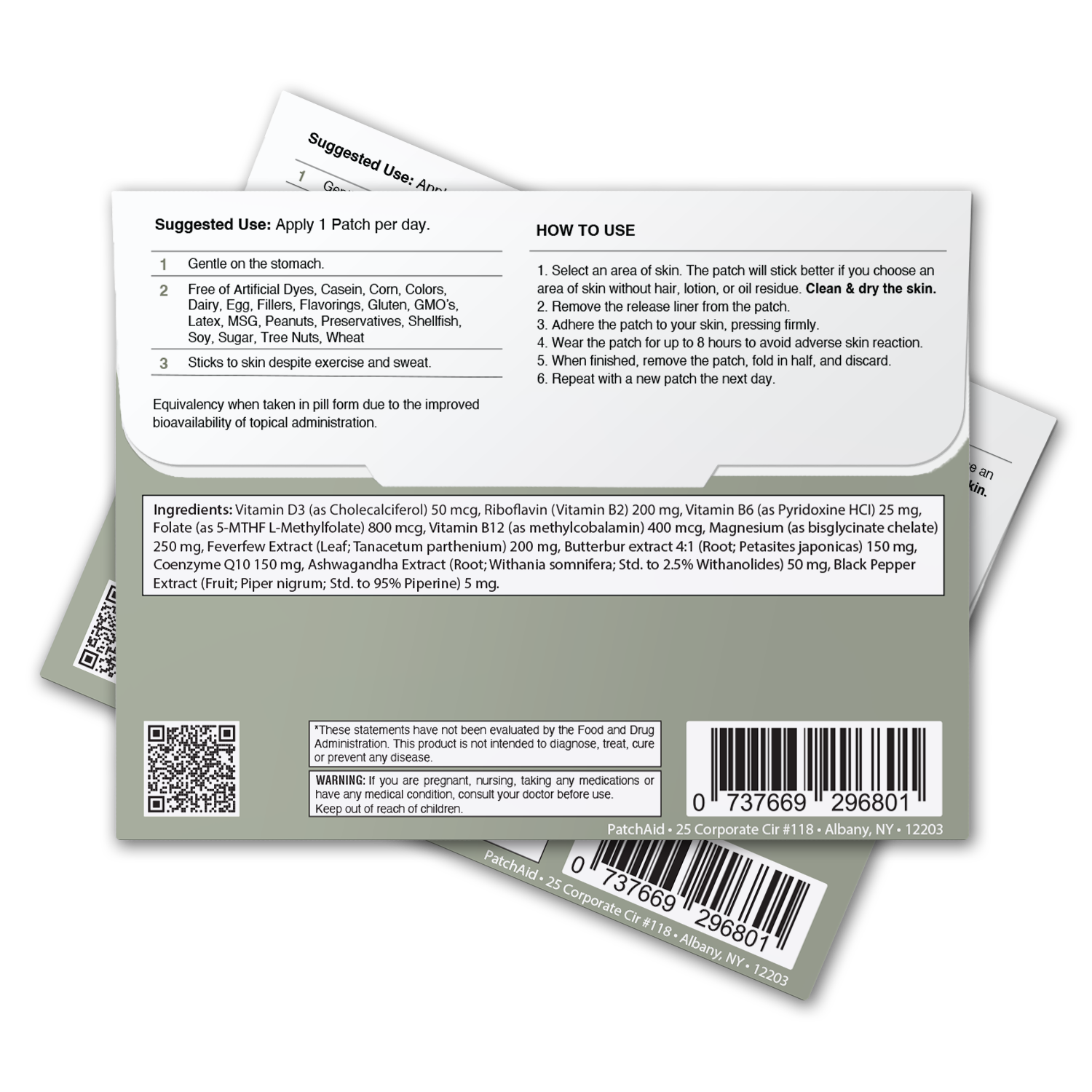 The image shows multiple product packaging backs for a vitamin patch, detailing suggested use, ingredients, and instructions for application on the skin.