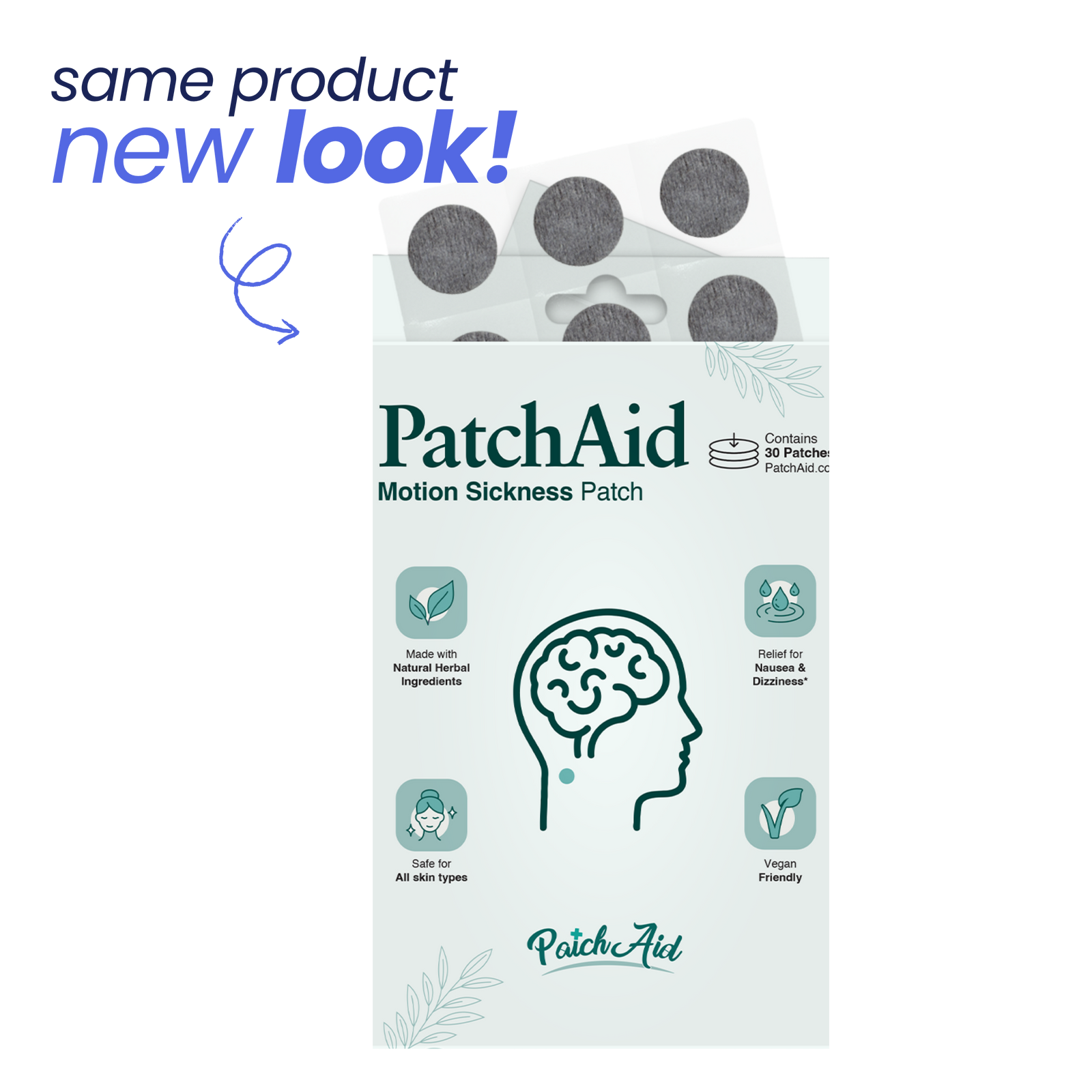 A box of PatchAid Motion Sickness Patches displays a new design, featuring icons that highlight natural ingredients, safety for all skin types, and relief from nausea and dizziness, with a note about the product's quantity.