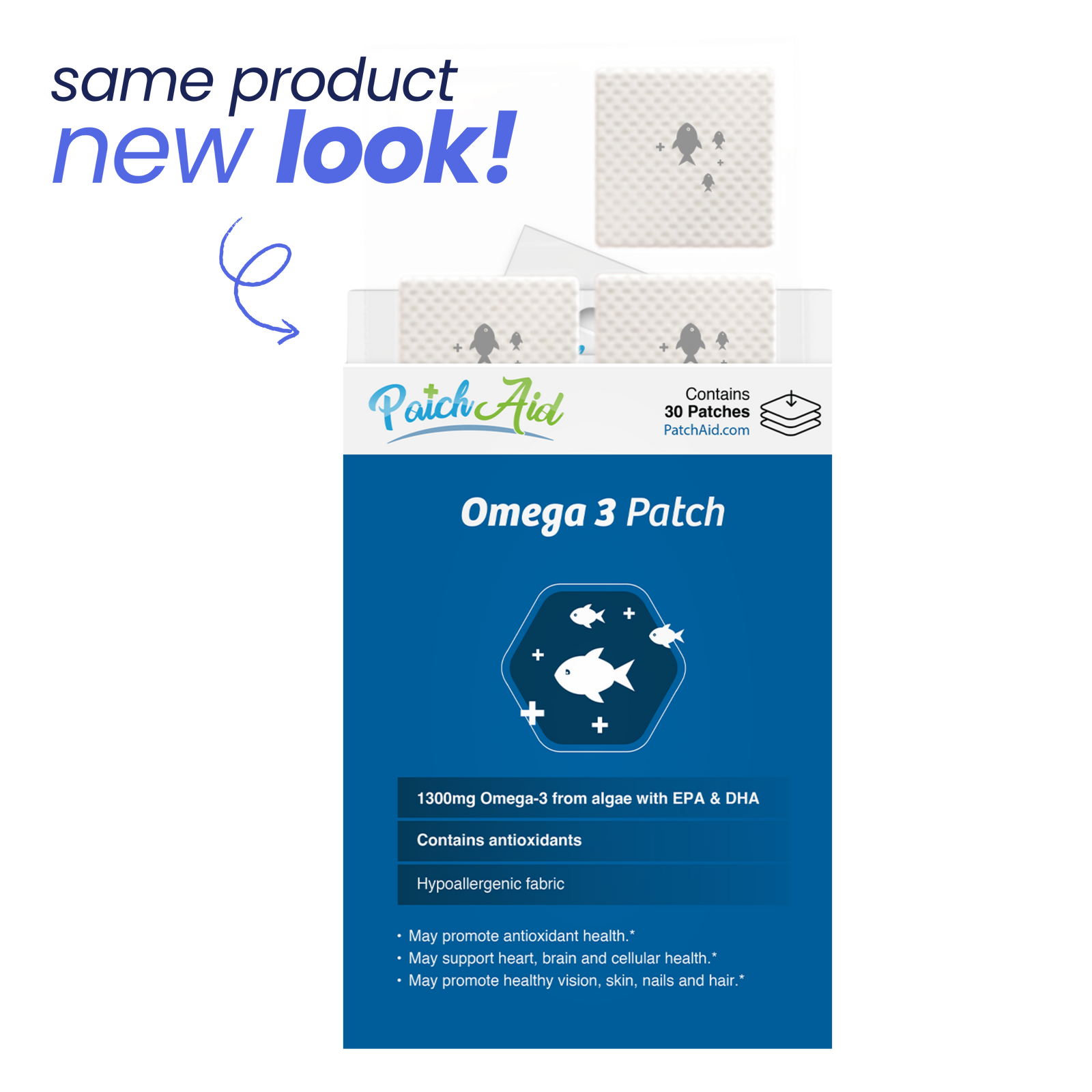 Omega 3 Patch packaging with 'same product new look' text