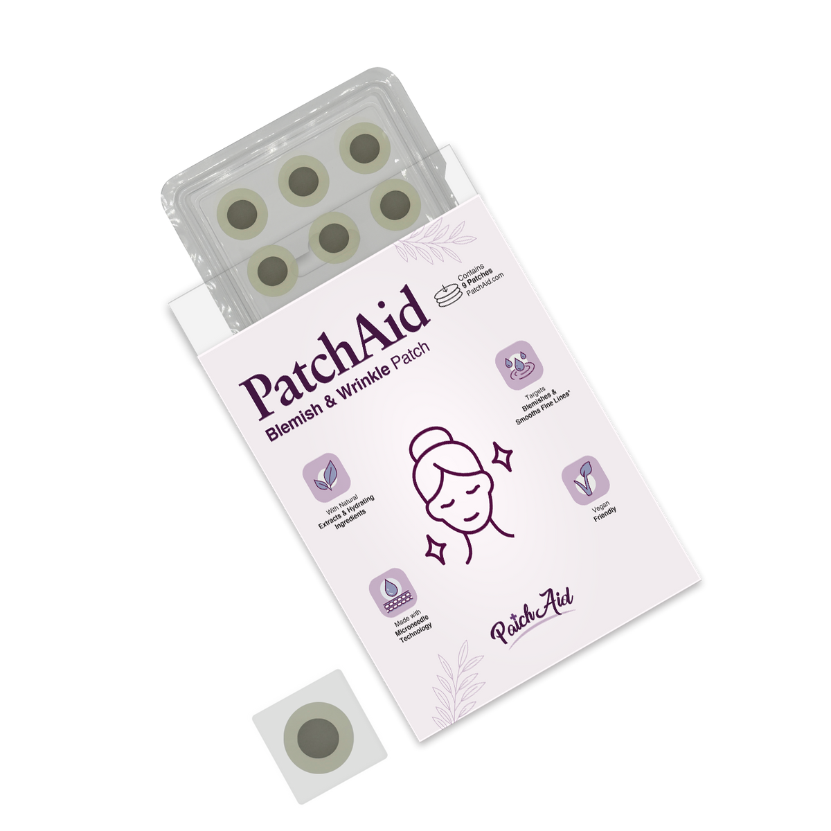 A package of PatchAid Blemish & Wrinkle Patches is partially open, revealing circular patches inside, with illustrations and text highlighting benefits for skin care on the front.