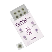A package of PatchAid Blemish & Wrinkle Patches is partially open, revealing circular patches inside, with illustrations and text highlighting benefits for skin care on the front.