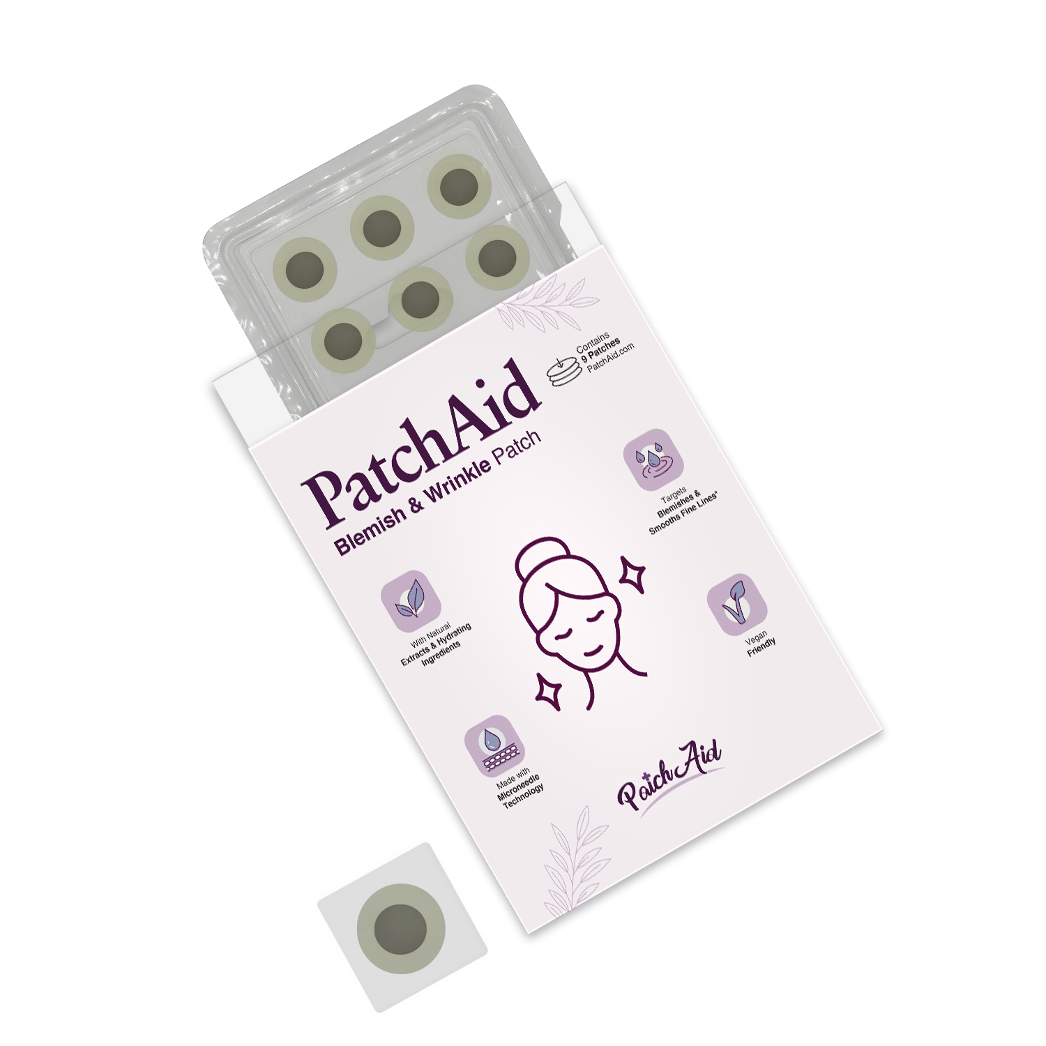 A package of PatchAid Blemish & Wrinkle Patches is partially open, revealing circular patches inside, with illustrations and text highlighting benefits for skin care on the front.