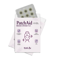 A product package for PatchAid Blemish & Wrinkle Patches features a design with a woman’s face, highlighting benefits like natural ingredients and microneedle technology, with nine patches visible in the background.