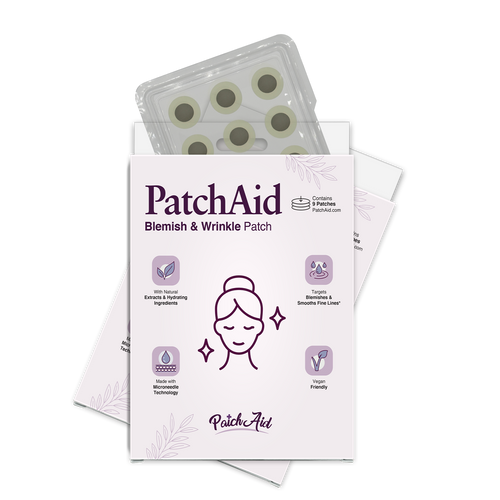 A product package for PatchAid Blemish & Wrinkle Patches features a design with a woman’s face, highlighting benefits like natural ingredients and microneedle technology, with nine patches visible in the background.