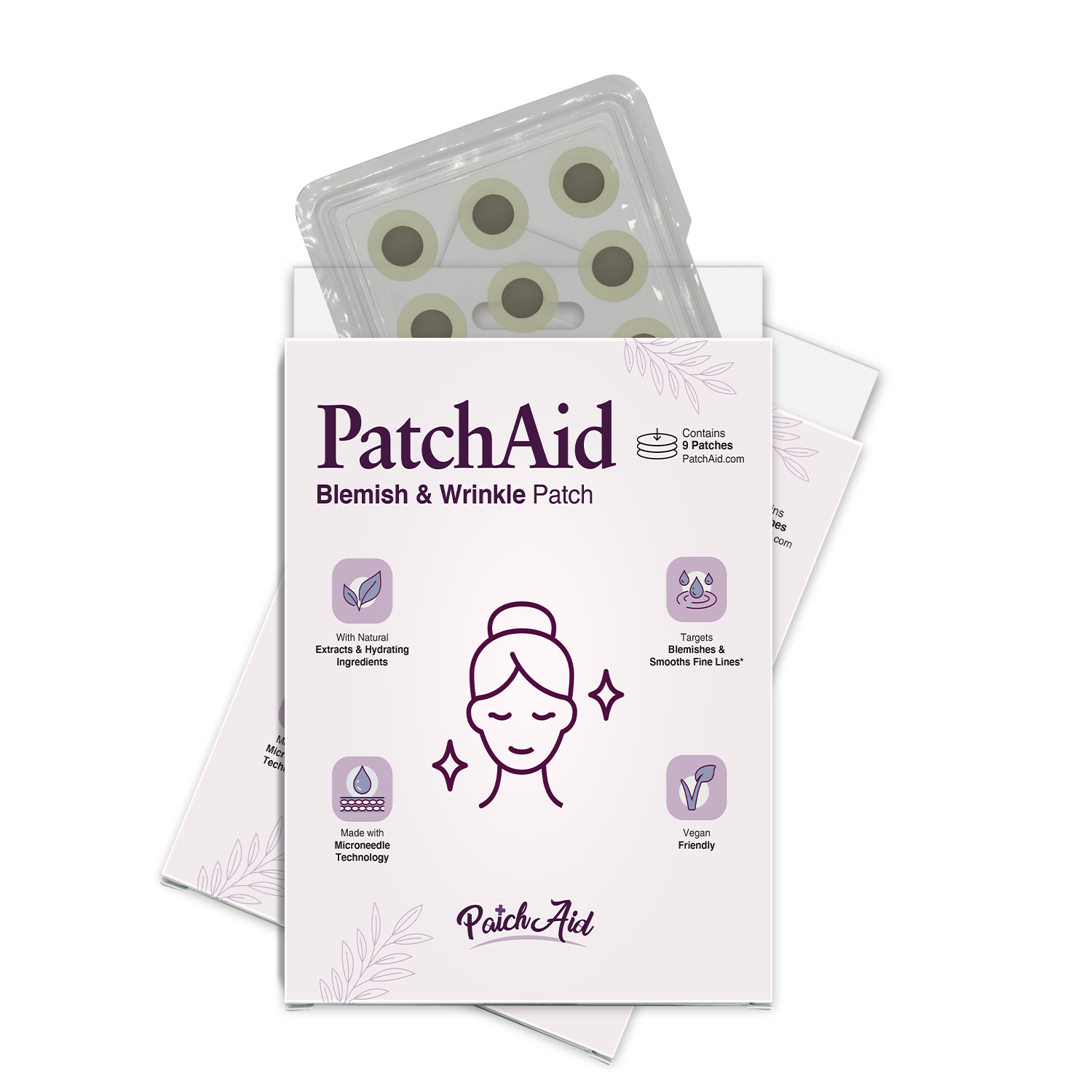 A product package for PatchAid Blemish & Wrinkle Patches features a design with a woman’s face, highlighting benefits like natural ingredients and microneedle technology, with nine patches visible in the background.
