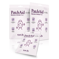 Three packages of PatchAid Blemish & Wrinkle Patches are displayed, featuring a simple illustration of a woman’s face with a serene expression, highlighting benefits like hydration and vegan-friendly ingredients.