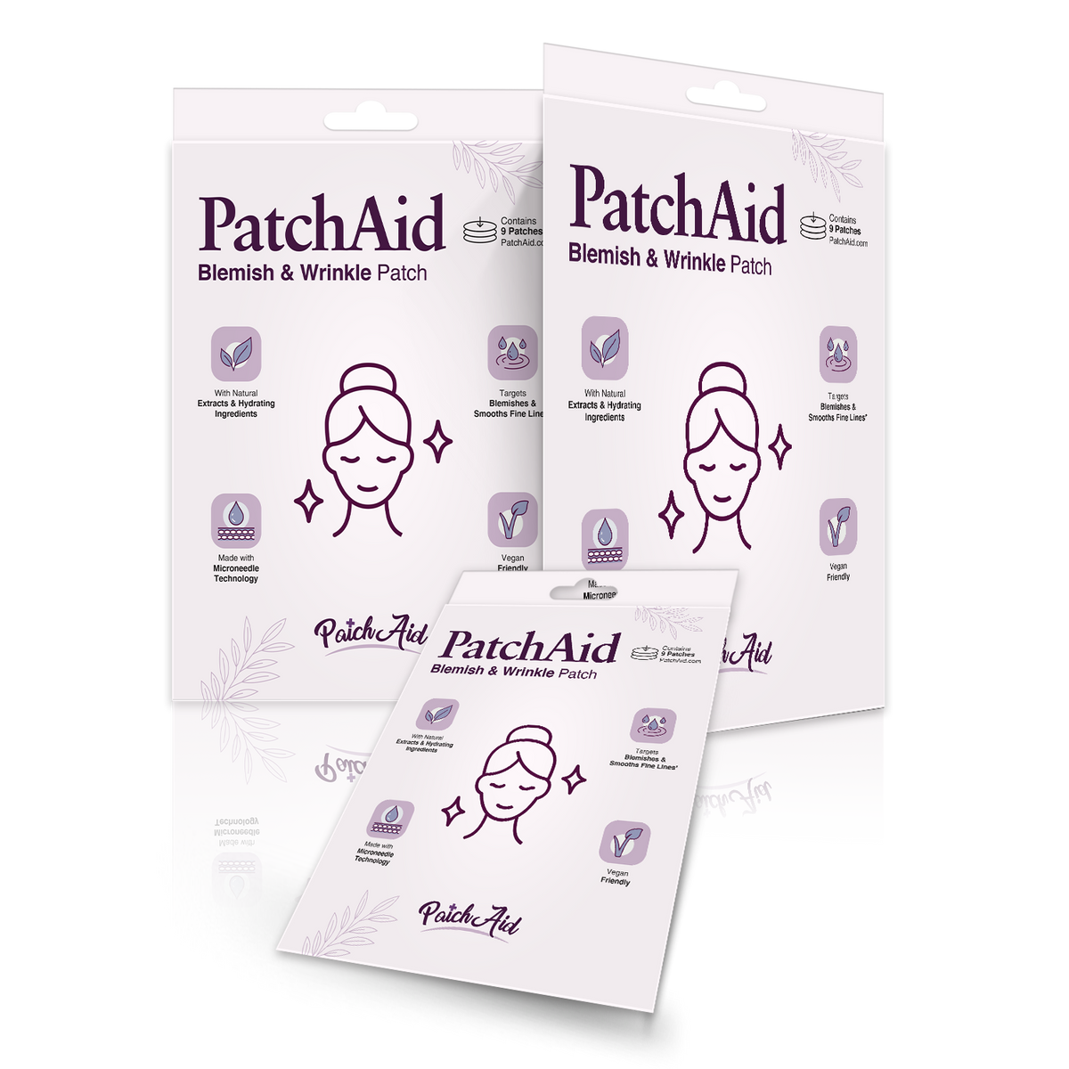 Three packages of PatchAid Blemish & Wrinkle Patches are displayed, featuring a simple illustration of a woman’s face with a serene expression, highlighting benefits like hydration and vegan-friendly ingredients.