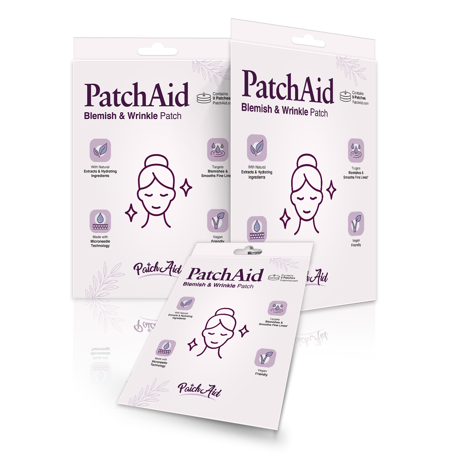 Three packages of PatchAid Blemish & Wrinkle Patches are displayed, featuring a simple illustration of a woman’s face with a serene expression, highlighting benefits like hydration and vegan-friendly ingredients.