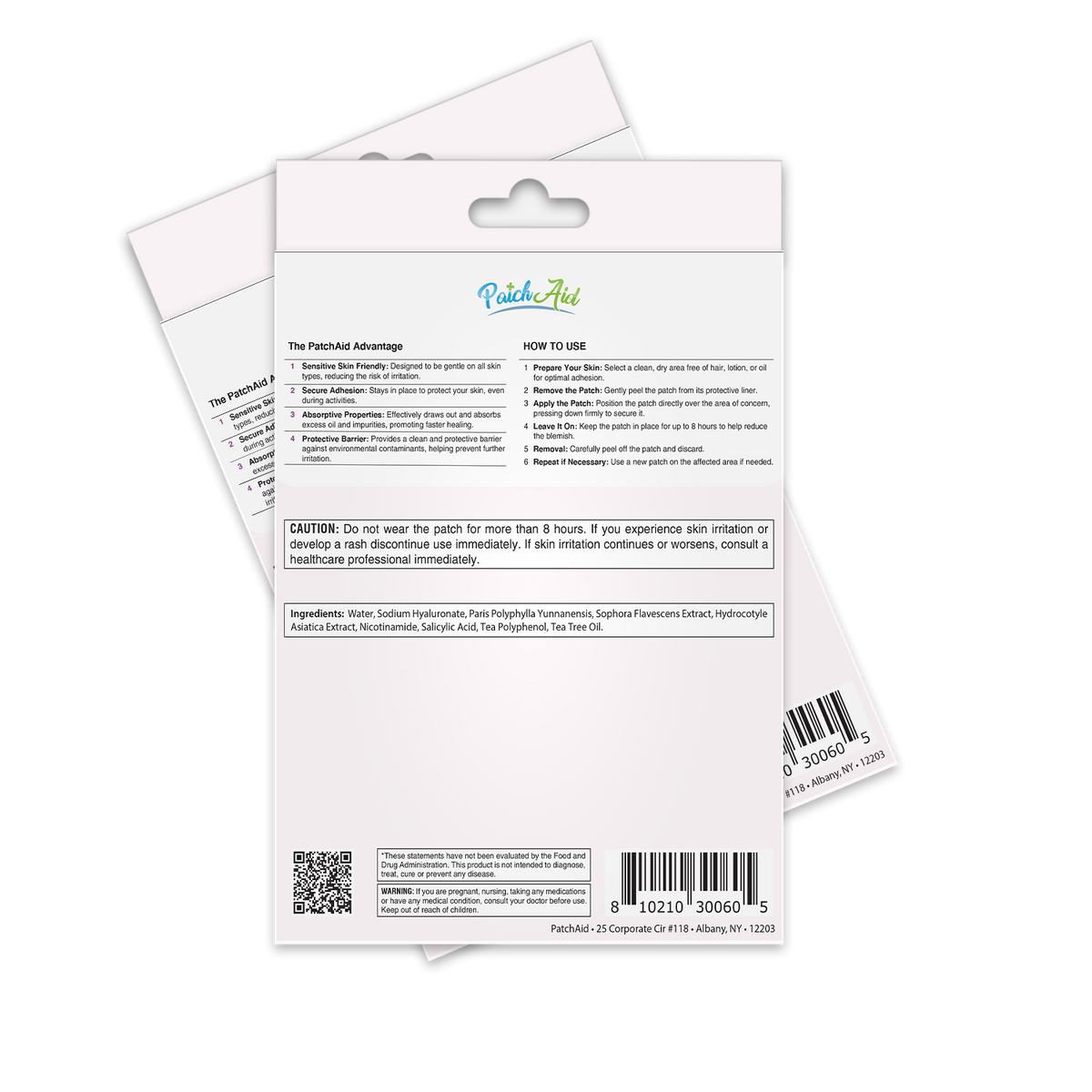 A product packaging for PatchAid, featuring usage instructions, ingredients, and cautionary notes, displayed against a contrasting background with a barcode at the bottom.