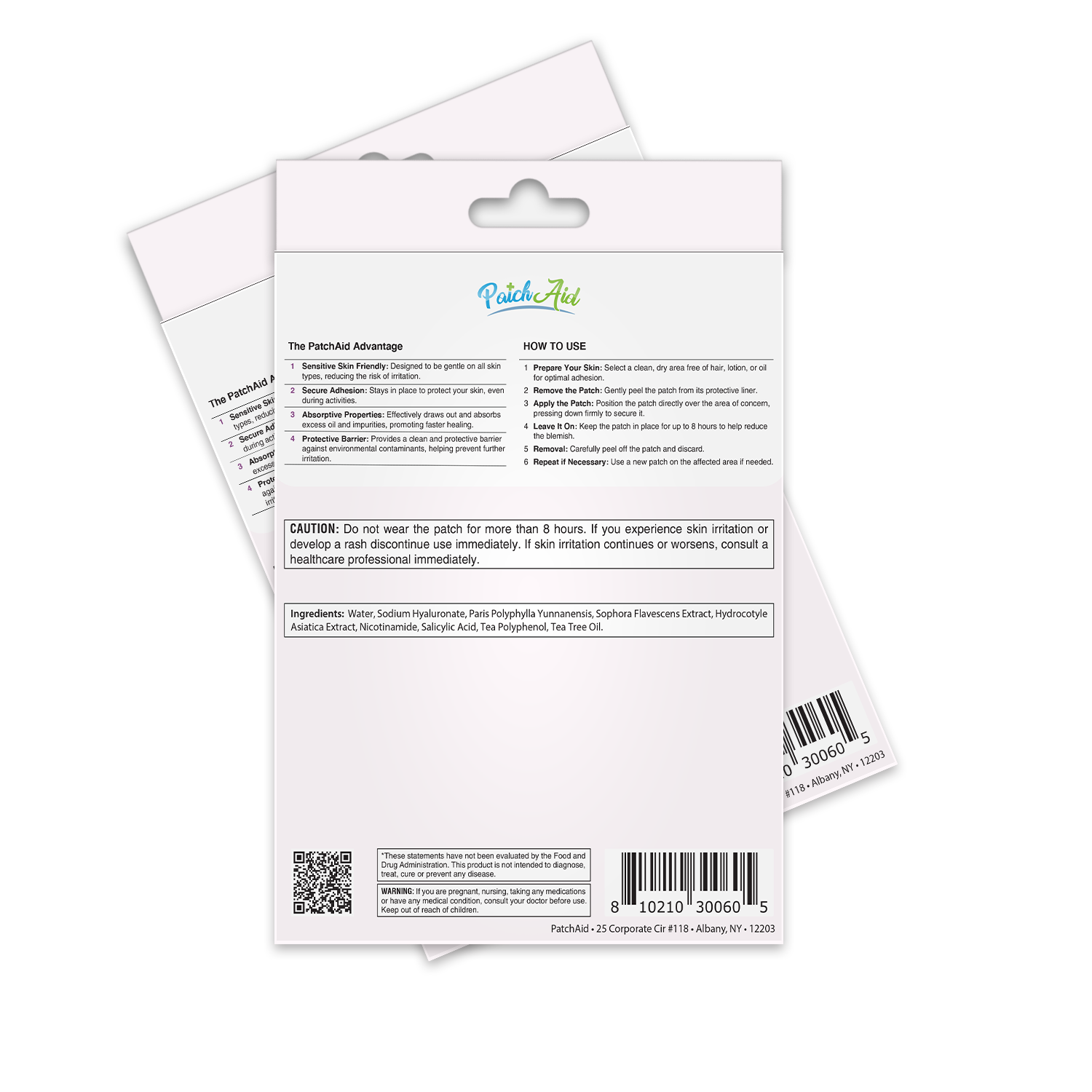 A product packaging for PatchAid, featuring usage instructions, ingredients, and cautionary notes, displayed against a contrasting background with a barcode at the bottom.