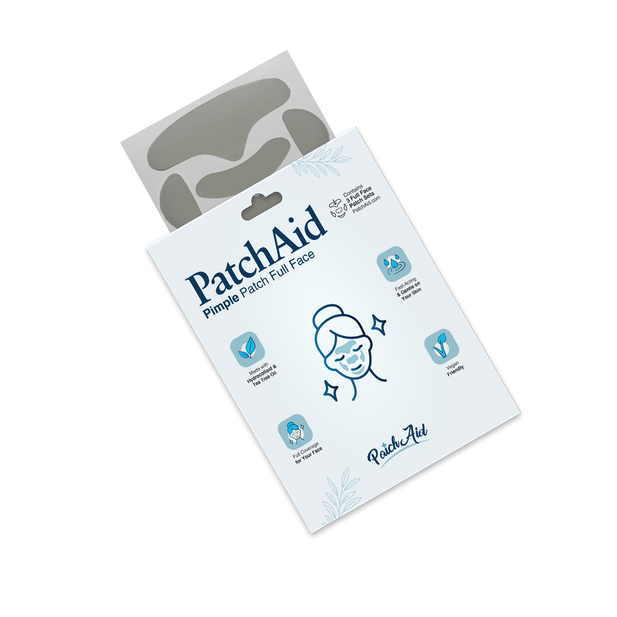 A package of PatchAid Pimple Patch for full face treatment features a graphic of a smiling person with patches on their face, highlighting benefits like hydration and skin soothing.