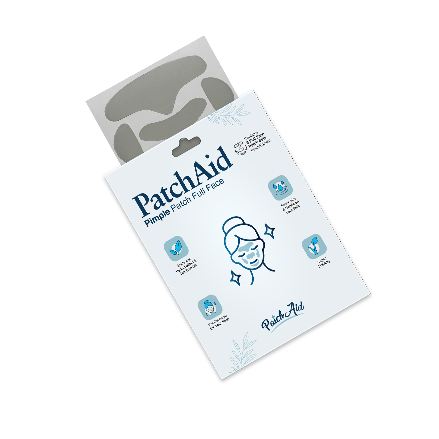 A package of PatchAid Pimple Patch for full face treatment features a graphic of a smiling person with patches on their face, highlighting benefits like hydration and skin soothing.