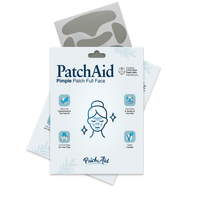 A package of PatchAid Pimple Patch Full Face features a graphic of a smiling person with clear skin, highlighting benefits like being vegan-friendly and made with hydrocolloid and tea tree oil.