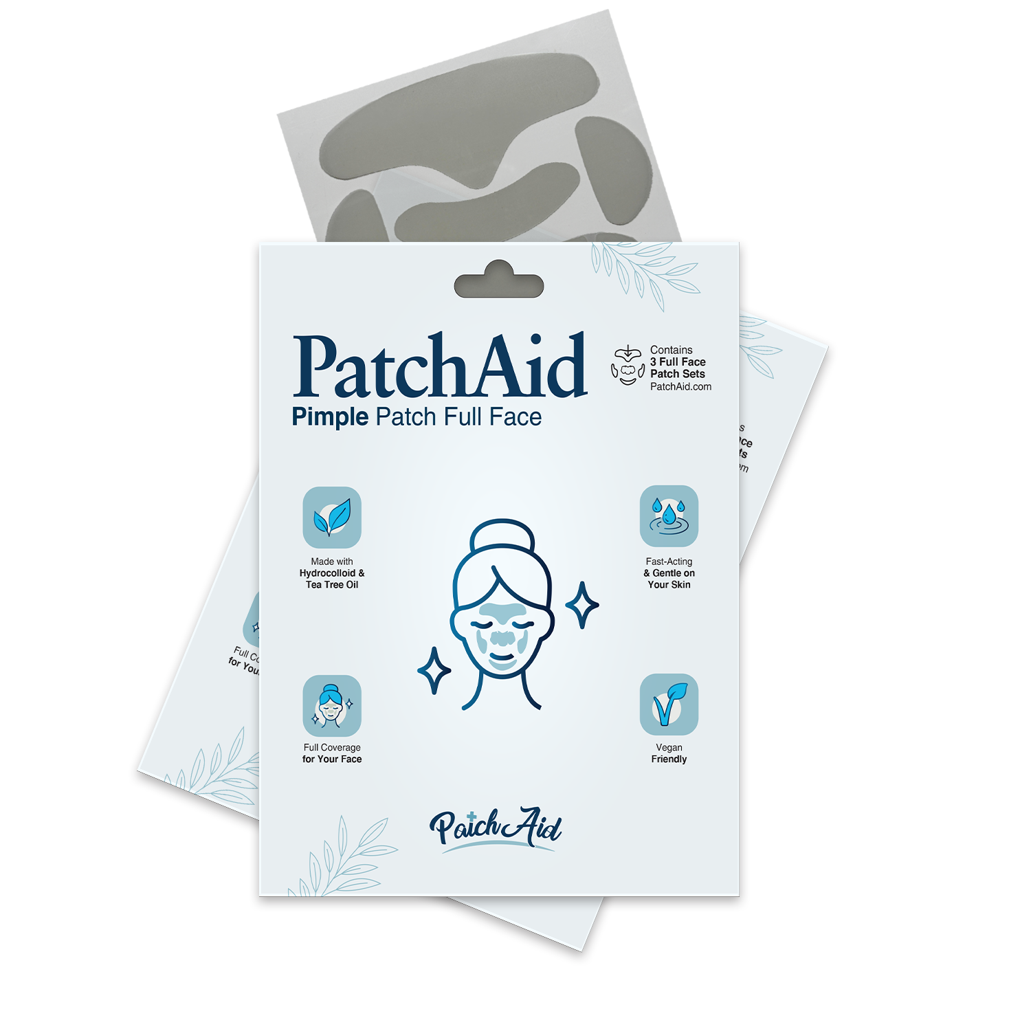 A package of PatchAid Pimple Patch Full Face features a graphic of a smiling person with clear skin, highlighting benefits like being vegan-friendly and made with hydrocolloid and tea tree oil.